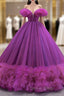 Fuchsia Tulle Off the Shoulder Pearls Prom Dresses