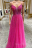 Fuchsia Tulle Spaghetti Straps Prom Dresses