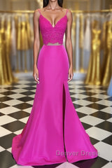 Fuchsia V Neck Two Pieces Mermaid Lace Top Satin Long Prom Dresses with Slit, Mermaid Lace Fuchsia Formal Graduation Evening Dresses