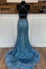Long Sequined Blue Straps Prom Dresses with Feather Hem