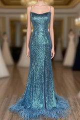 Long Sequined Blue Straps Prom Dresses with Feather Hem