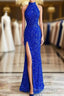 Sequins High Neck Royal Blue Long Prom Dresses with Slit