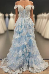 Light Blue Corset Lace Tiered Tulle Long Formal Dresses