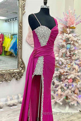Chic Fuchsia Beaded Long Porm Dresses