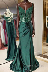 Mermaid Emerald Green Straps Ruched Prom Dresses with Slit