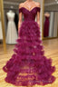 Off the Shoulder Burgundy Pleated Sheer Tiered Prom Dresses