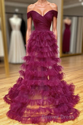 Off the Shoulder Burgundy Pleated Sheer Tiered Prom Dresses