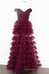 Off the Shoulder Burgundy Pleated Sheer Tiered Prom Dresses