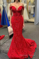 Off the Shoulder Red Sheer Lace Corset Mermaid Prom Dresses