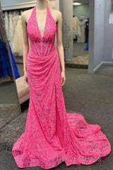Halter Hot Pink Lace Ruched Mermaid Prom Dresses
