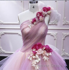 Puffy One Shoulder Sleeveless Tulle Prom Dresses with Flowers, Ruffles Quinceanera Dresses