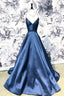 A Line Blue Spaghetti Straps Satin Prom Dress, V Neck Blue Sexy Prom Dresses