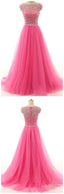 Long Prom Dress, Tulle Prom Dress, Cheap Prom Dress, Beads Prom Dress, A Line Prom Dress, Crystal Prom Dresses