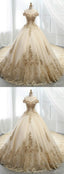 Champagne Ball Gowns Tulle Gold Lace Appliques Wedding Dresses