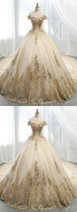 Champagne Ball Gown Tulle Gold Lace Appliques Wedding Dress
