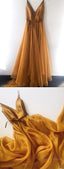 Spaghetti Strap A Line V Neck Gold Prom Cheap Long Prom Dresses