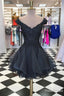 black v neck tulle beads short prom Dress black homecoming Dresses