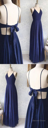 Great Evening Dresses, Backless Sexy Spaghetti Straps Backless Navy Blue Chiffon A Line Floor Length Prom Dress