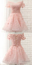 Custom Made Pink Off Shoulder Lace Organza And Floral Applique Short Prom Dress, Formal Dresses, Weddings Homecoming Dresses