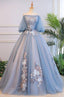 Unique Blue Tulle Lace Long Prom Dress, Blue Prom Dresses