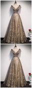 Elegant V Neck Gray Gold Tulle Lace Long Prom Dress, Tulle Formal Dress