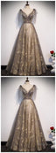 Elegant V Neck Gray Gold Tulle Lace Long Prom Dress, Tulle Prom Dresses