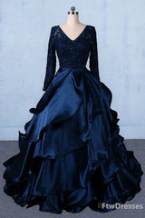 formal v neck beading lace satin backless ball gown prom dresses with sleeves