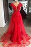 red lace cap sleeve long v neck Prom Dress beaded Prom Dresses