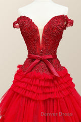 Off the Shoulder Red Appliques Tiered Long Formal Dresses
