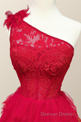 One Shoulder Lace and Tulle Tiered Ruffle Prom Dresses