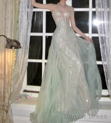 Gentle A-Line Sequined Tulle Strapless Long Prom Dress Adult Ceremony Prom Dress