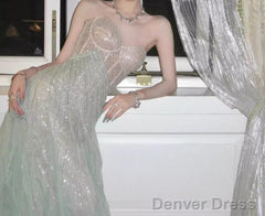 Gentle A-Line Sequined Tulle Strapless Long Prom Dress Adult Ceremony Prom Dress