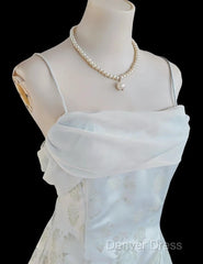 Gentle Blue A-Line Spaghetti Strap Satin Chiffon Long Prom Dresses Birthday Dresses Graduation Prom Dresses