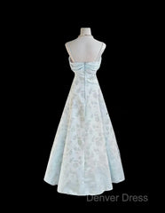 Gentle Blue A-Line Spaghetti Strap Satin Chiffon Long Prom Dresses Birthday Dresses Graduation Prom Dresses