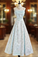 Gentle Blue A-Line Spaghetti Strap Satin Chiffon Long Prom Dresses Birthday Dresses Graduation Prom Dresses