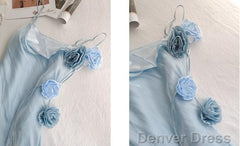 Gentle Blue Bodycon Dress Spaghetti Strap Chiffon Long Prom Dress Graduation Prom Dress