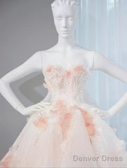 Gentle Pastel Layered A-Line Strapless Tulle Long Prom Dress Cute Applique Birthday Evening Dress