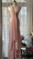 Gentle Pink Sheath Chiffon Ribbon V-Neck Simple Prom Dresses