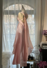 Gentle Pink Sheath Chiffon Ribbon V-Neck Simple Prom Dresses