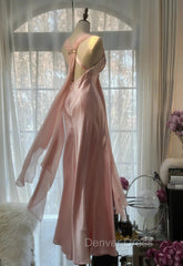 Gentle Pink Sheath Chiffon Ribbon V-Neck Simple Prom Dresses
