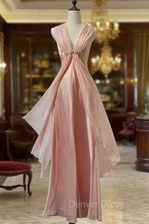 Gentle Pink Sheath Chiffon Ribbon V-Neck Simple Prom Dresses