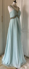 Gentle Tiffany Blue Chiffon V-Neck Beaded Sequin A-Line Long Prom Dress Wedding Evening Dress