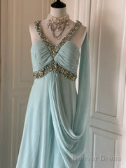 Gentle Tiffany Blue Chiffon V-Neck Beaded Sequin A-Line Long Prom Dress Wedding Evening Dress
