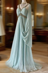 Gentle Tiffany Blue Chiffon V-Neck Beaded Sequin A-Line Long Prom Dresses Wedding Evening Dresses