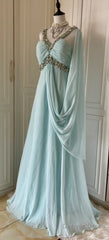 Gentle Tiffany Blue Chiffon V-Neck Beaded Sequin A-Line Long Prom Dress Wedding Evening Dress