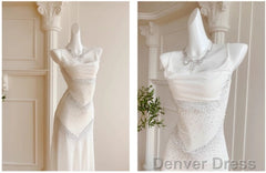 Gentle White Bodycon Dress Spaghetti Straps Prom Dress Graduation Prom Adult Ceremony Dress