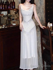 Gentle White Bodycon Dress Spaghetti Straps Prom Dress Graduation Prom Adult Ceremony Dress