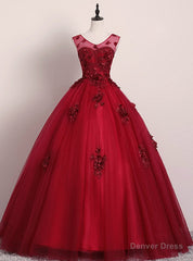 Get Your Discounts Burgundy Ball Gown Tulle Appliques V-neck Quinceanera Dress