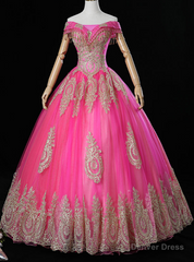Get Your Discounts Fuchsia Ball Gown Tulle Appliques Beading Off the Shoulder Quinceanera Dress