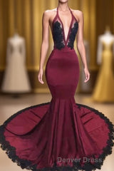 Burgundy Halter Deep V Neck Mermaid Prom Dresses with Lace, Long Evening Gown